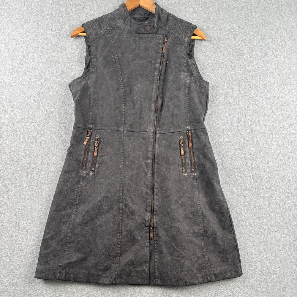 Montana Co Vest‎ Womens Medium Gray Faux Leather Moto Long Full Zip Moto Biker